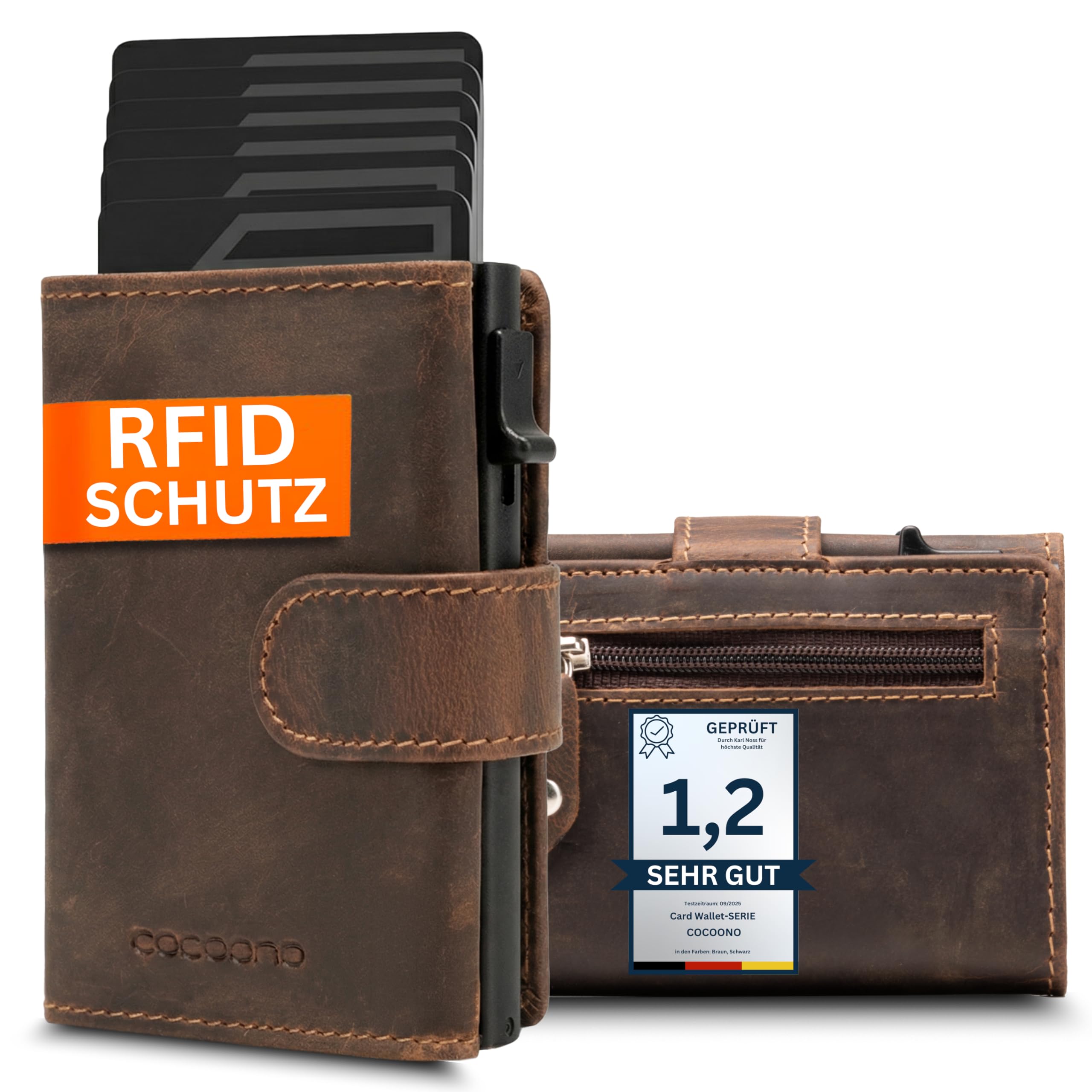Cocoono Geldbörse Herren, Slim Wallet Geldbeutel mit Münzfach & RFID Schutz, Leder Portmonee, 10 Fächer für Kreditkarten, Kartenetui Herren (Hunter-Leder, Braun)