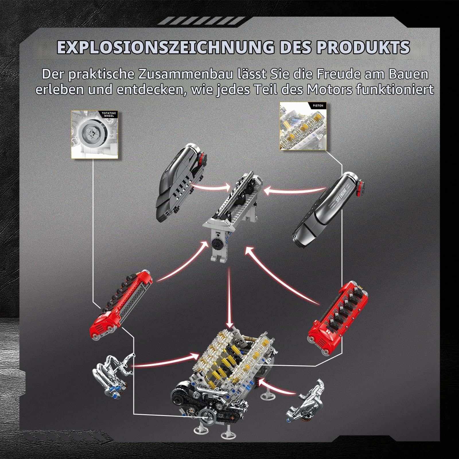 V12 Motor Bausatz für Erwachsene, 65° V-Winkel Motorisiertes Funktionierendes Modellbausatz Motor, Mechanisches Technik Konstruktionsspielzeug zur Ausstellung, Geschenk für Auto-Enthusiasten