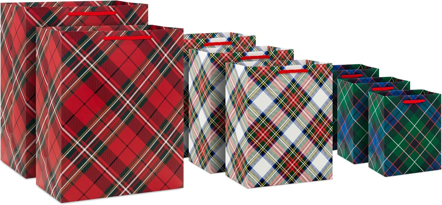 Hallmark Gift Bag Assortment, 8-Pack, 3 Sizes (Tartan and Plaid)