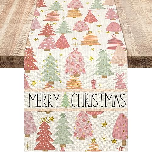 AnyDesign - Camino de mesa bohemio con texto en inglés "Merry Christmas" para decoración de árbol de Navidad, mantel impermeable para suministros de