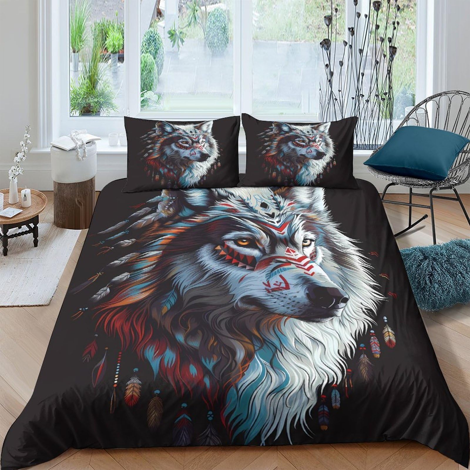 Ctjqhvkz Style-6 3D Printed Wolf Forest Fitted Sheet Microfiber Soft Breathable Tribal Art Bed Cover For Bedroom Guest Room Decor Single（135X200cm）