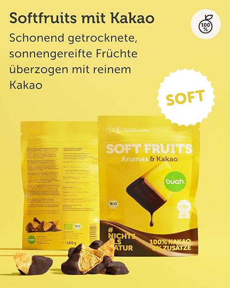buah Softfruits Pineapple & Cocoa Pineapple with Fairtrade Cocoa Extra Soft & Fruity Organic Fruits with Dark Glaze 100% Natural Vegan No Added Sugar 100 g