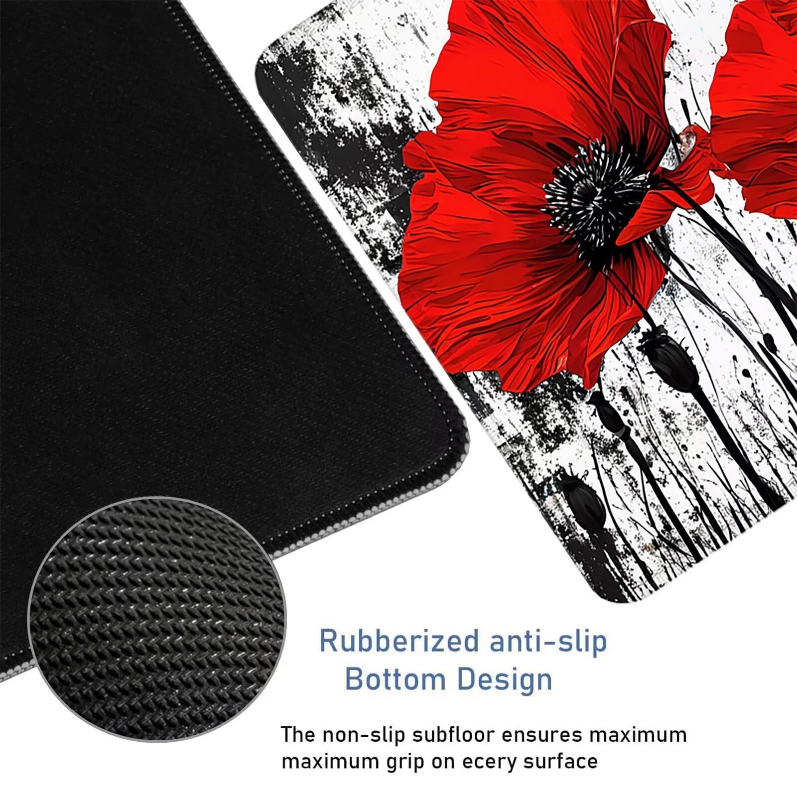 Rosso Tappetino Mouse XXL 1200 x 600 x 5 mm Tappetino Scrivania Papavero Mousepad, Sottomano da Scrivania Bordi Cuciti, Tappetino per Mouse pc Accessori Gaming Migliora la Precisione Velocit H-1006