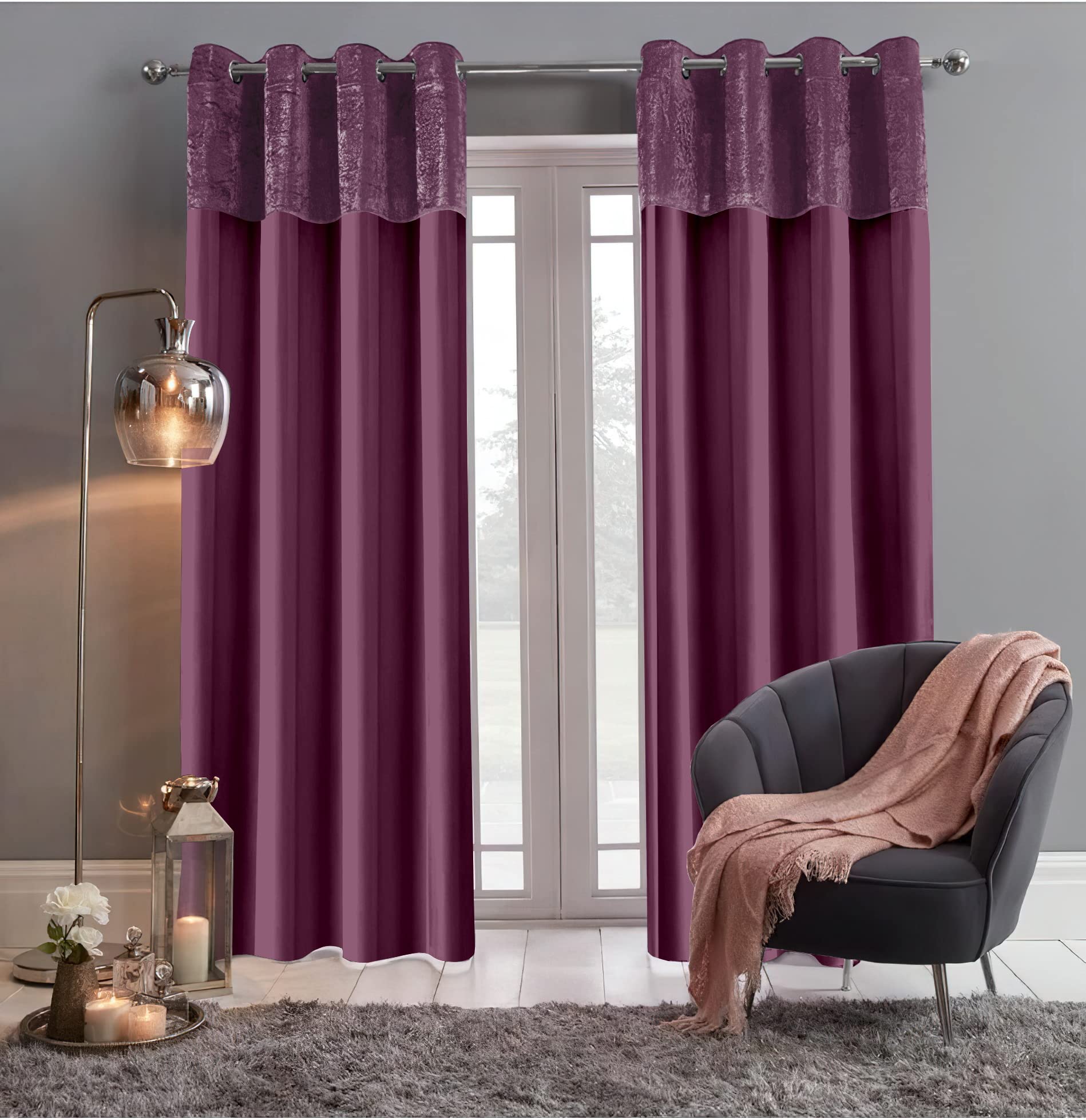 Roseley Crushed Velvet Band Curtains Eyelet Ring Top 2 Panels Fully Lined Faux Silk Window Treatment Elegant Solid Colours (46 x 72'' Plum)