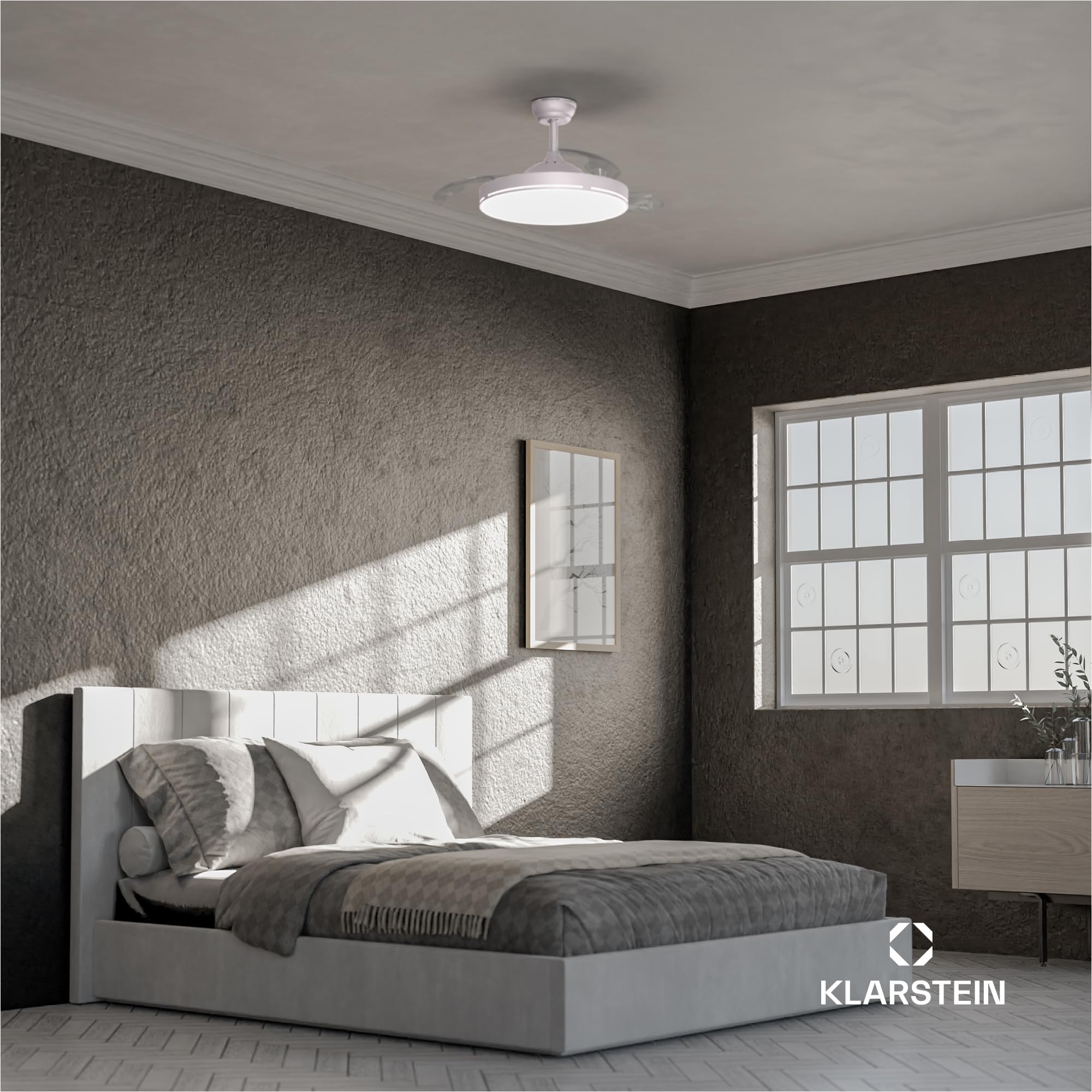Klarstein AirFold Deckenventilator Mit Beleuchtung – Smart App Steuerung, Einziehbare Flügel, Dimmbares LED-Licht, Fernbedienung, Leise, 107cm, Weiß