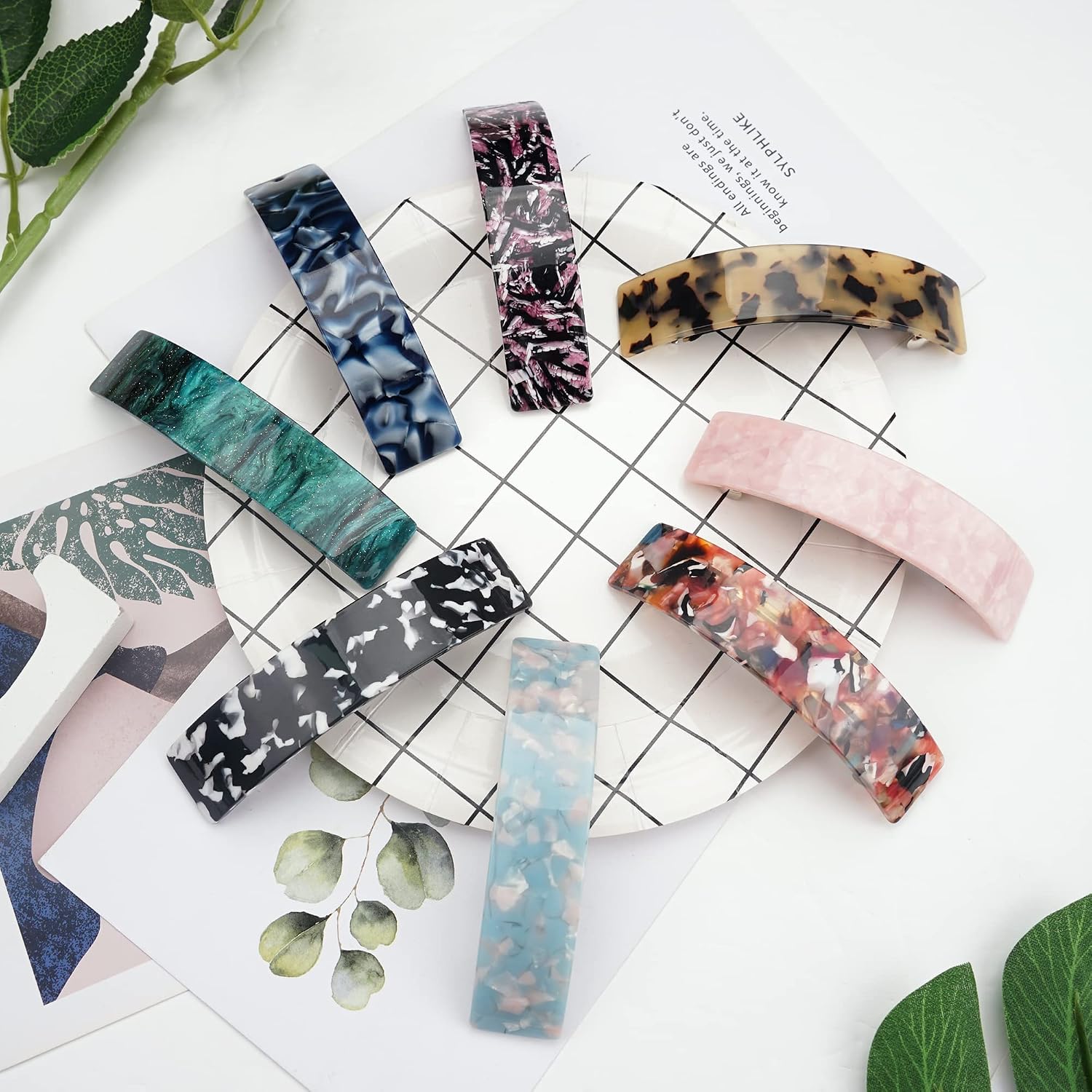 8PCS Large French Hair Barrettes for Women, No Slip Large Barrettes for Thick Hair,Retro Classic Acrylic Hair Clips Wide Curved Automatic Clasp