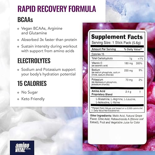 Miniatura 2 de Amino VITAL Action - Paquetes de aminoácidos BCAA para el entrenamiento previo al entrenamiento con electrolitos para energía  Sin cafeína ceto