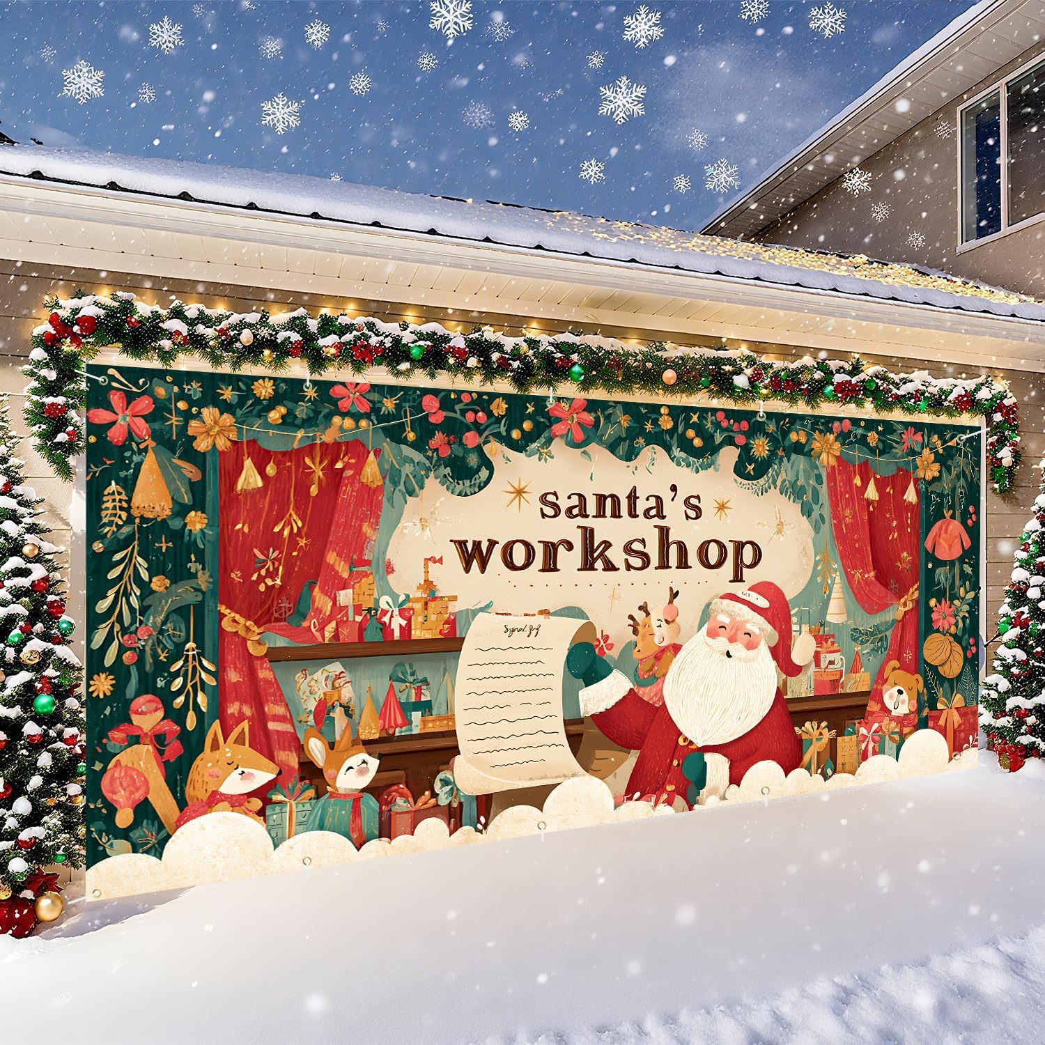 7x16 ft Santa's Workshop Garage Door Banner – Holiday Outdoor Décor, Santa with Gift Shop and List, Festive Christmas Decoration for Garage, Porch & Driveway
