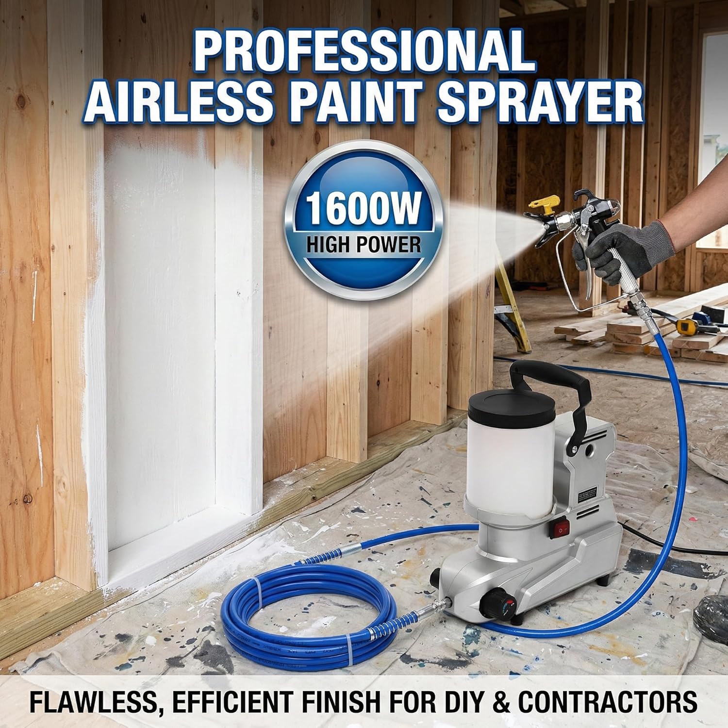Airless Paint Sprayer, 1600W High Pressure Efficiency Stand Sprayer for House Painting, Home Interior, Exterior, Furniture, Fences - DIY Handyman & Professional Contractor Grade Spray Paint Machine