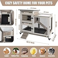 Vista 2 de PetsCosset Conejera de madera para interiores de 40 pulgadas de largo, grande, de 2 pisos, con carrera, 4 ruedas de metal y 2 bandejas más