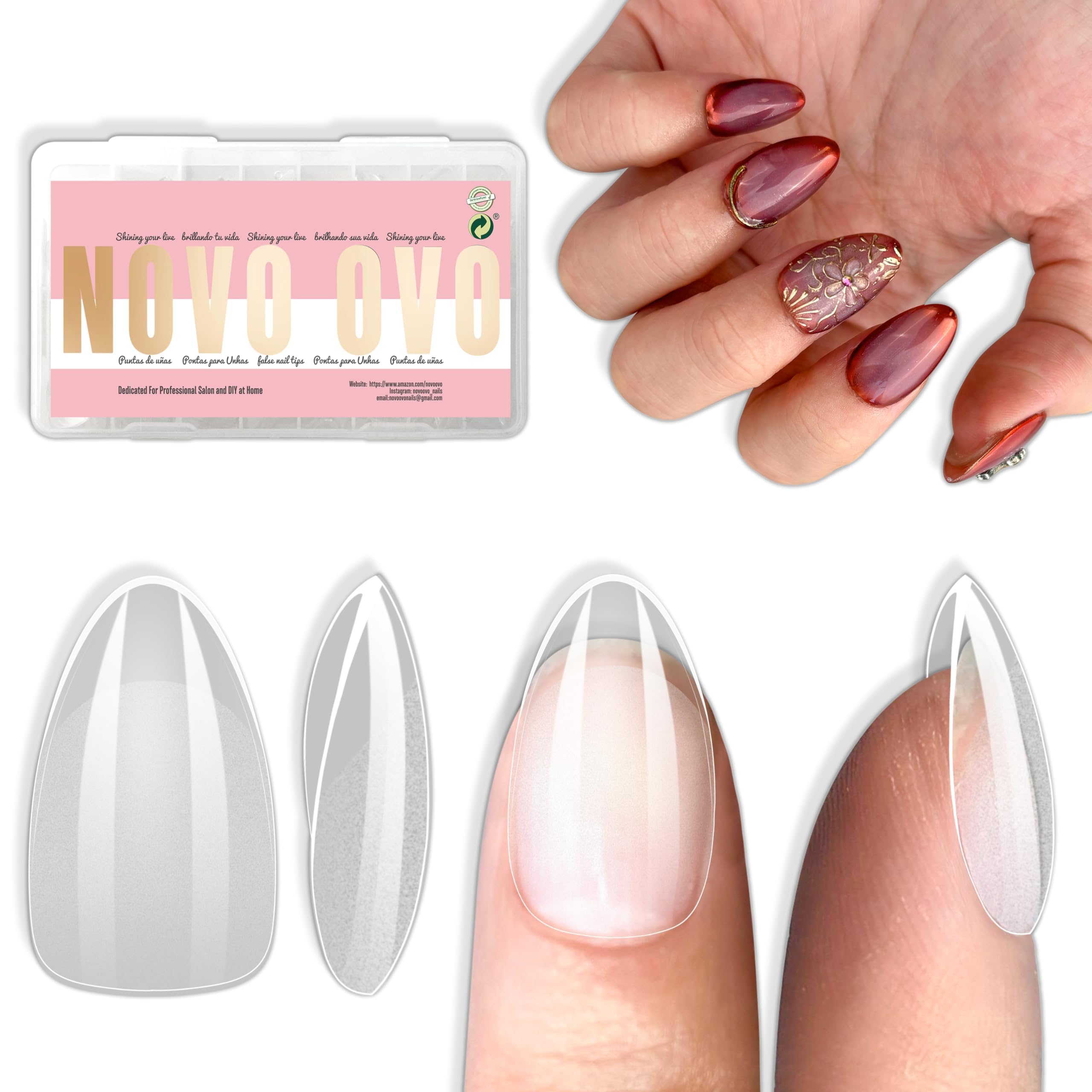 Amazon | NOVO OVO Short Almond Nail Tips, Extra Thick Full Cover