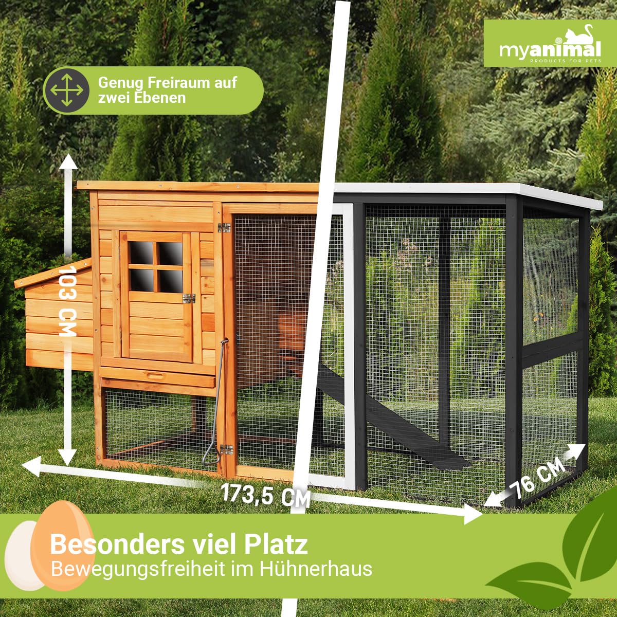Miweba MyAnimal Hühnerstall MH-04 | 174x76x103 cm - Für 4 Hühner mit Eiablage - Nistkasten - Kleintierkäfig Winterfest - Freilaufgehege - Käfig - Hühnerhaus - Vogelkäfig - Voliere (MH-04 Braun)