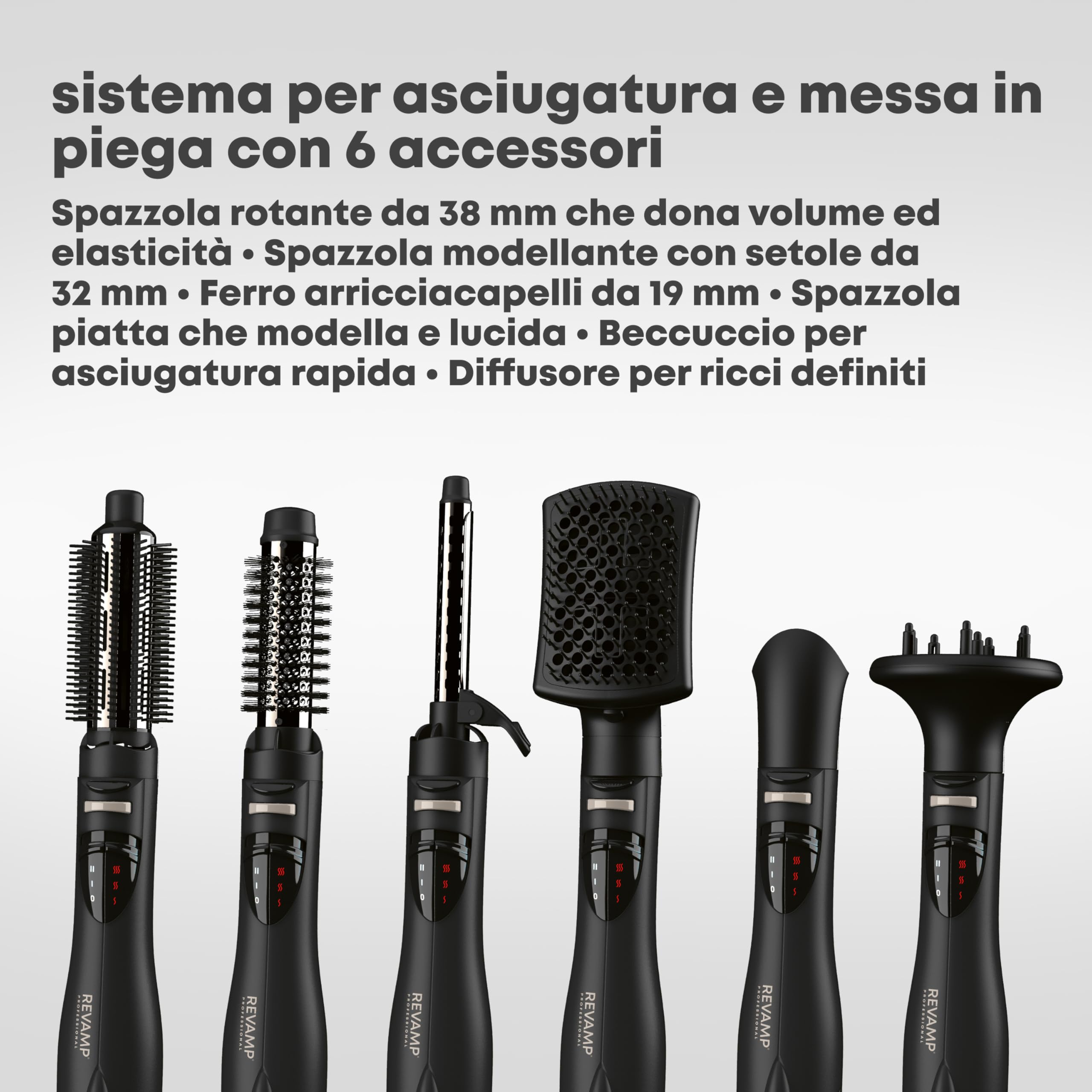 REVAMP Progloss Airstyle Spazzola ad Aria 6 in 1 - Getto Ionico | Phon, Spazzola Rotante, Arricciacapelli, Diffusore, Accessori Intercambiabili, Calore Regolabile