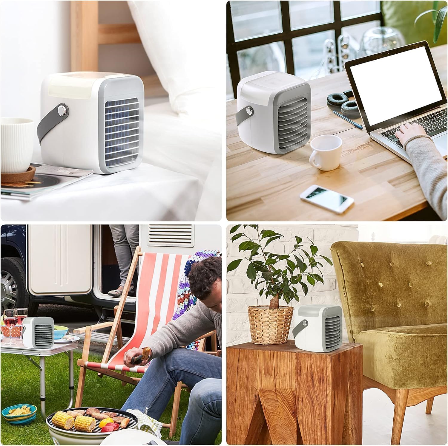 Aire acondicionado portátil, 4 en 1, mini enfriador de aire, enfriador de aire USB silencioso con depósito de agua, asa portátil, 7 luces LED, 3 velocidades