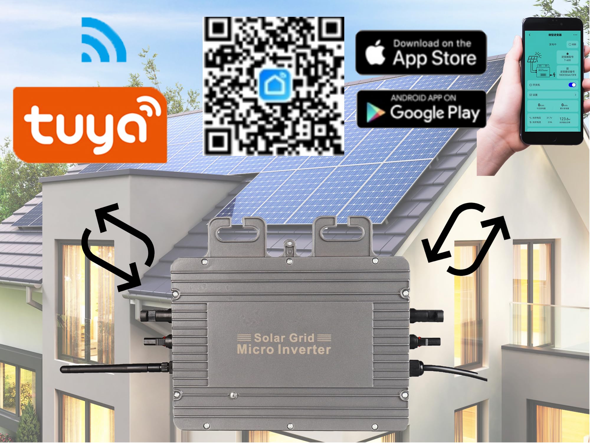 SolaMr Grid Connect Wechselrichter 800W 120V/230V Auto Output Voltage MPPT Grid Connected IP65 mit WiFi und Mobile Phone APP Überwachung für kleine Solaranlagen-MI-Y800W