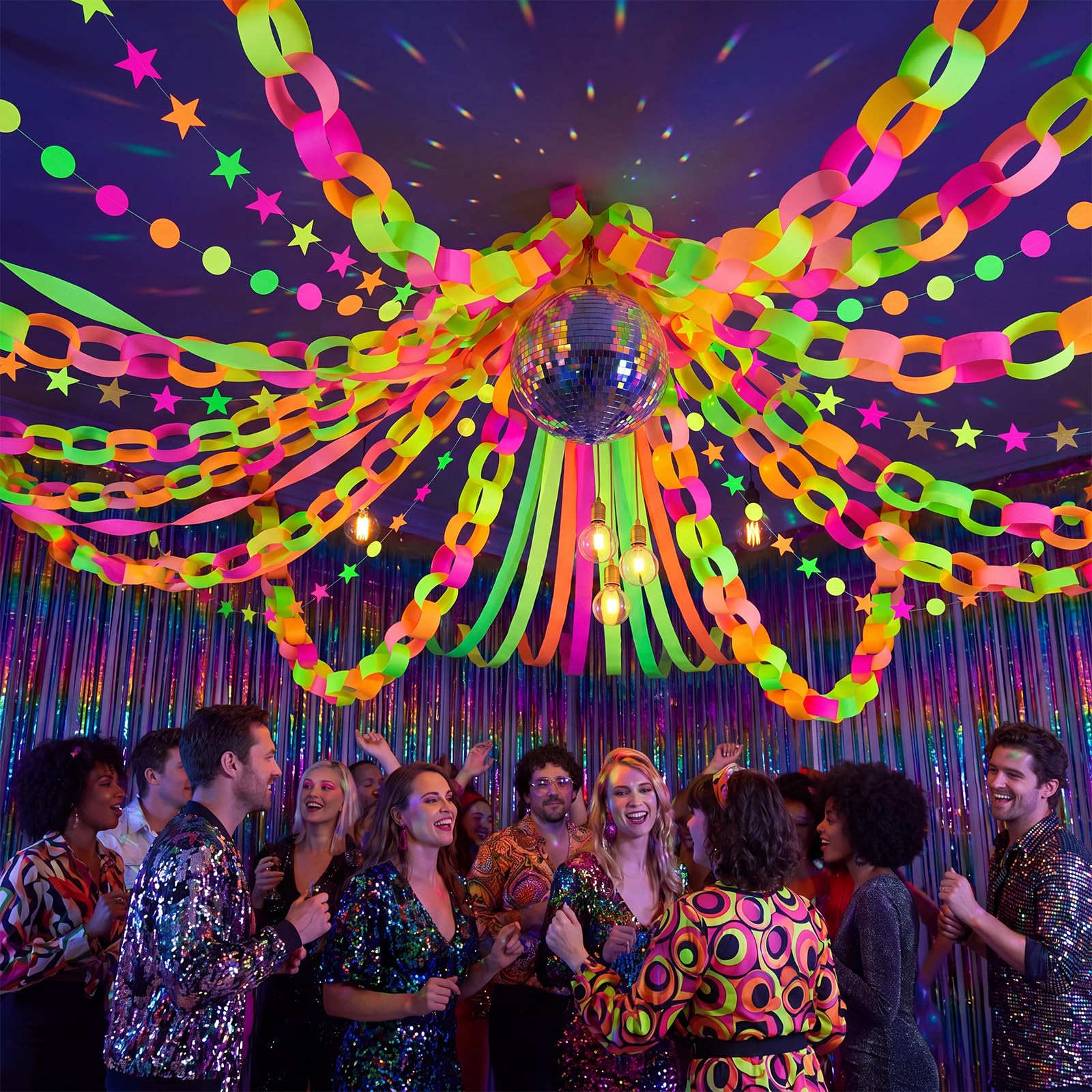 TaoBary Guirnalda de 600 hojas de papel de neón para decoración de fiestas, 100 m, crepé brillante, 15,8 m, círculos y estrellas, para colgar en la oscuridad, fiesta, cumpleaños, decoración de boda