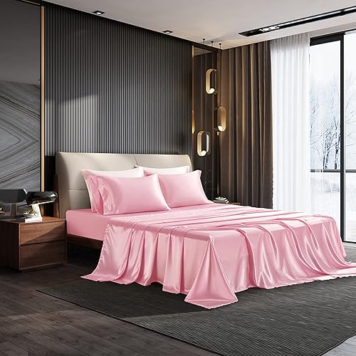 Miniatura 2 de NA HommxJF - Juego de 4 sábanas de satén rosa de seda sedosa, tamaño Queen, juego de ropa de cama ligera y suave con 1 sábana encimera, 1 sábana