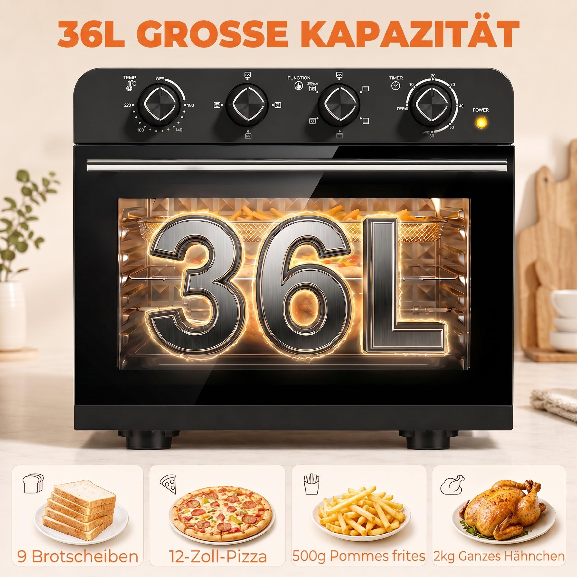 HOMCOM Heißluftfritteuse 36 Liter Mini Backofen mit Umluft, Backblech, Rost