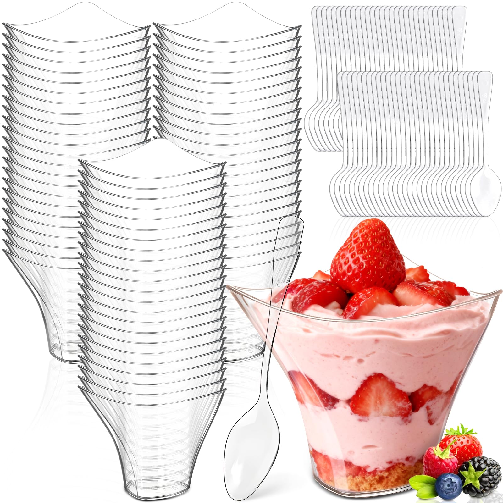 60 Pezzi Tazze Da Dessert 100 Ml/4oz, Plastica Bicchierini Finger Food Con 60 PCS Cucchiai,Rotonde Curve,Riutilizzabili Mini Trasparenti Bicchierini per Finger Food,Per Mousse,Budini,Gelati,Feste