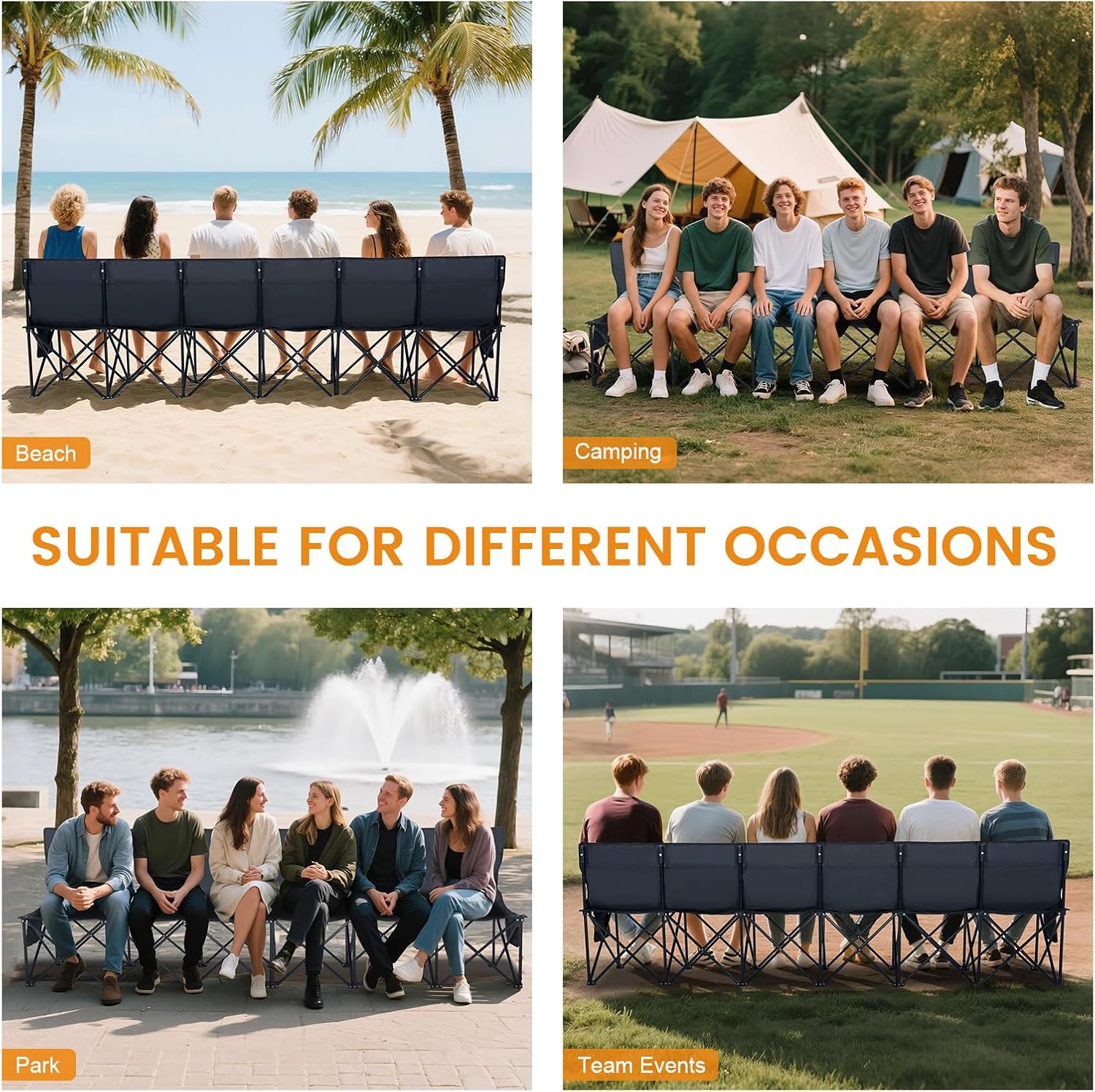 LILYPELLE Portable Bench 6 Seat Soccer Benches for Team, Folding Soccer Bench Chair Sideline Benches Camping Chairs for Football Camp Sport Events Outdoor Seating with Carry Bag, 1Pack
