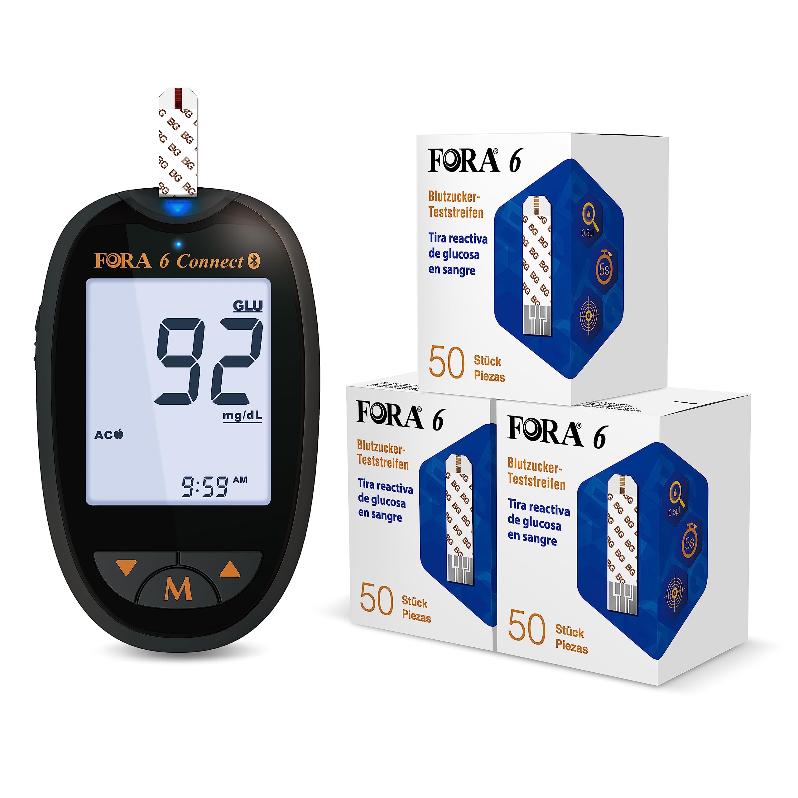 FORA 6 Connect blutzuckermessgeräte Bluetooth, mit Blutzucker-Teststreifen 150 Stück, Schwarz