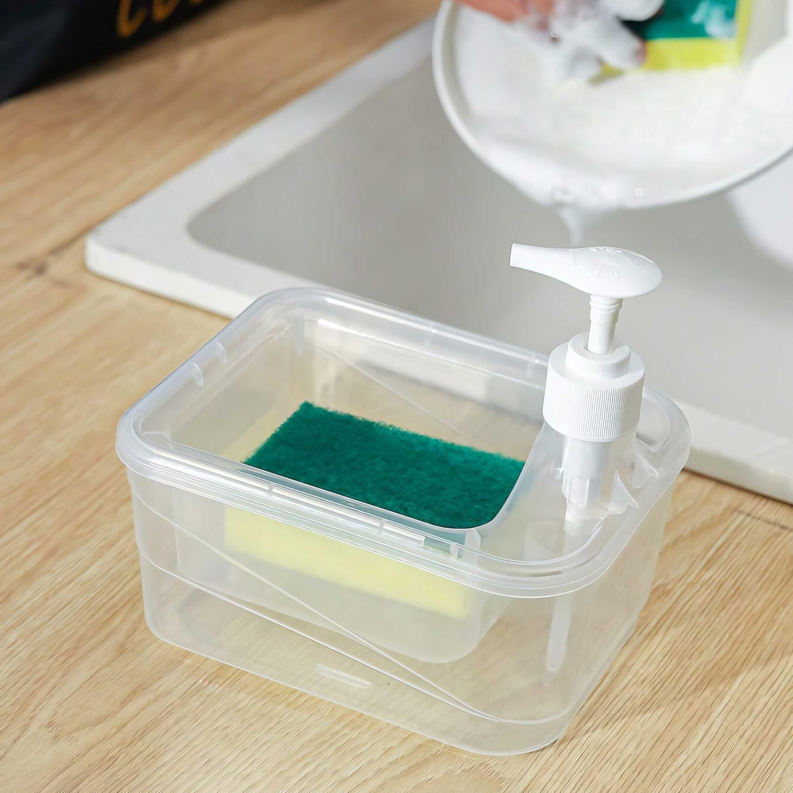 DOOMSDAY 2-in-1 Liquid Soap Dispenser with Scrubber, 700ml Liquid Capacity Soap Pump, Multipurpose Kitchen Countertop Dish Washing Container, Compact Pump Bottle with Sponge