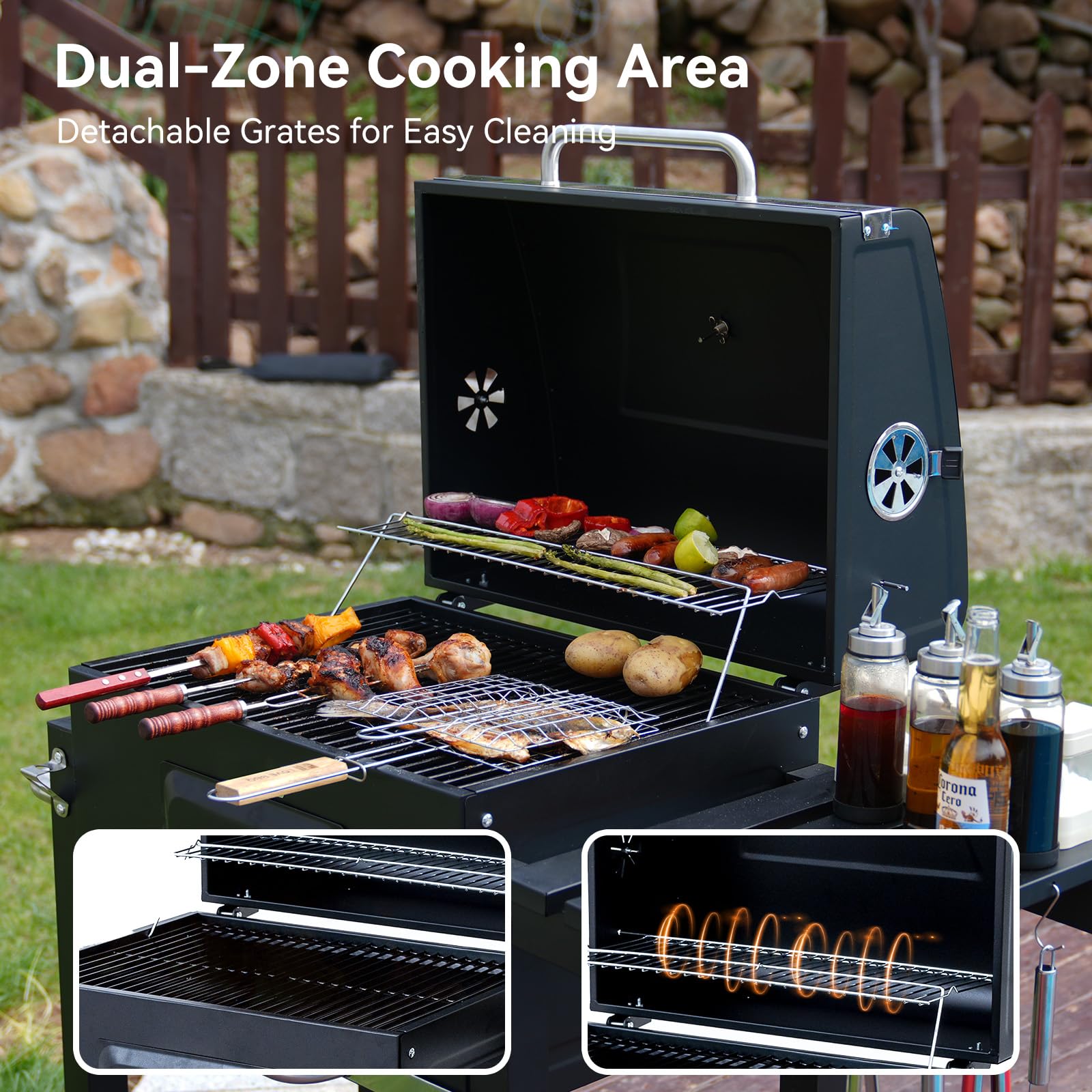 Grill na węgiel drzewny, grill z pokrywką, powierzchnia grillowania: 56 x 42,5 cm, patelnia węglowa z regulacją wysokości, składany stół boczny, z pokrowcami na grilla, wodoodporny