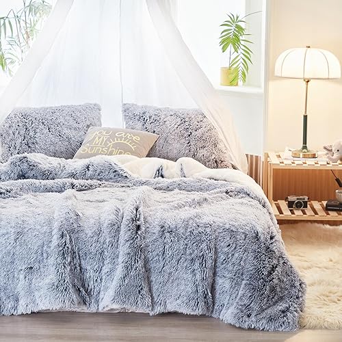 Miniatura 3 de Juego de edredón de lujo de pelo sintético lanudo tamaño matrimonialqueen, edredón reversible de felpa y sherpa, color gris con blanco, juego de