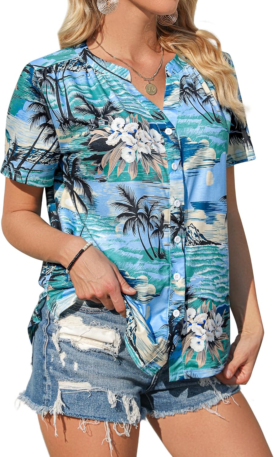 Womens Hawaiian Shirts V Neck Short Sleeve Button Floral Printed T-Shirt Summer Casual Pleated Trendy Blouses Tops - Image 5