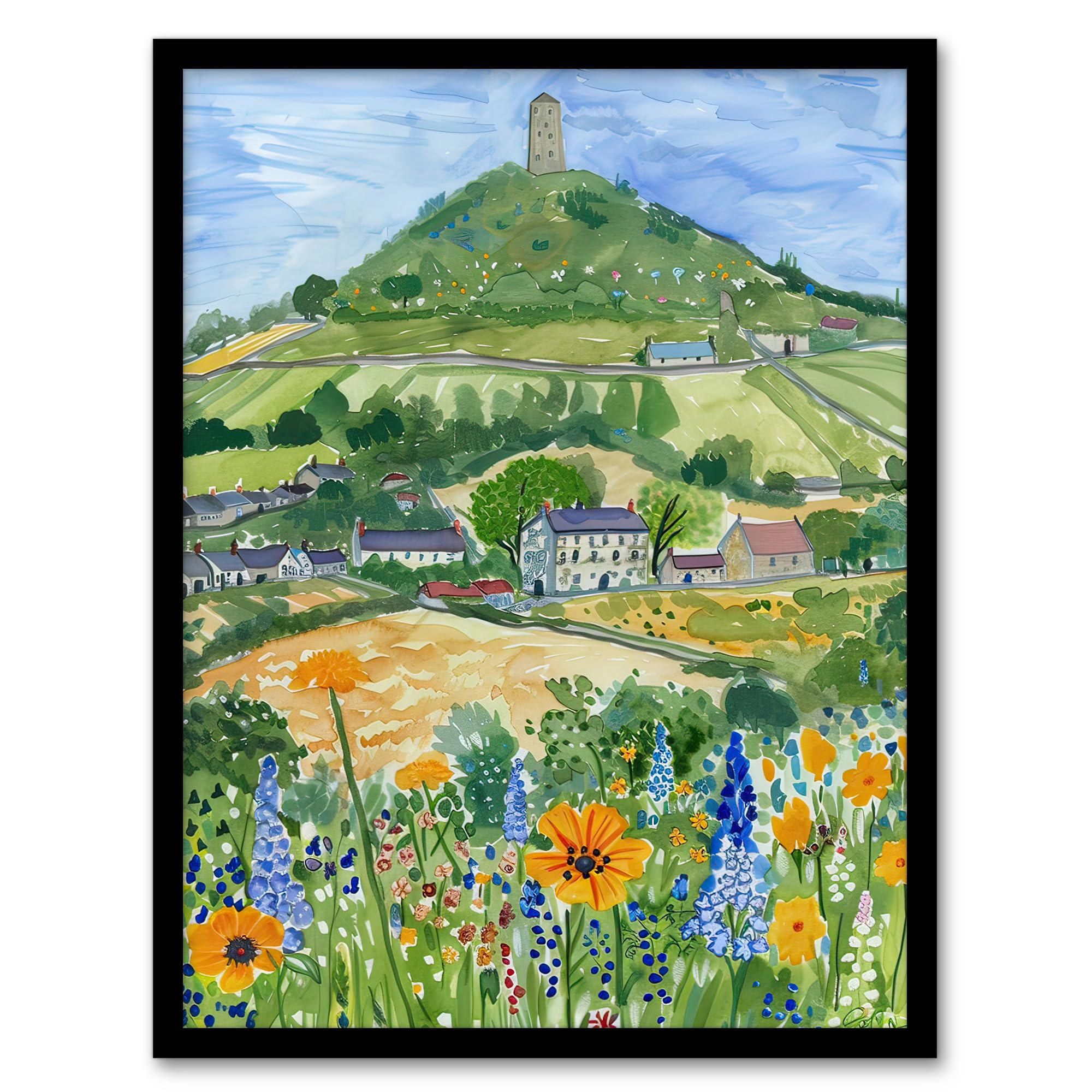 Artery8 Glastonbury Tor Spring Floral Somerset Painting Living Room Artwork Framed Wall Art Print A4