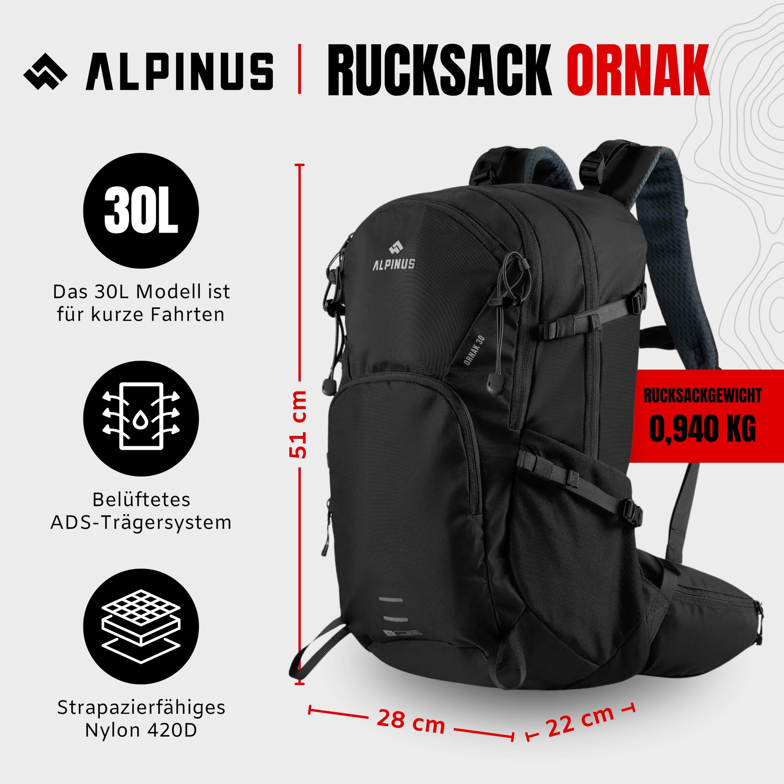 Alpinus Ornak Wanderrucksack 30L Schwarz - Trekkingrucksack für Damen und Herren - Outdoor Rucksack Regenschutz mit Belüftungssystem, Daypack für Wandern Trekking Camping