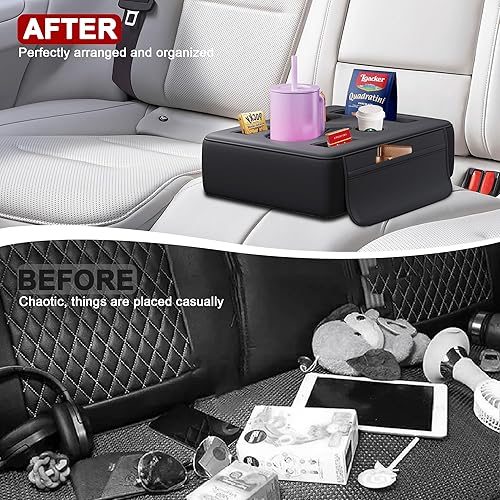 Miniatura 7 de Portavasos para asiento trasero de automóvil, 6 en 1, organizador de asiento trasero de piel sintética, bandeja expansora para camiones, SUV, RVs,