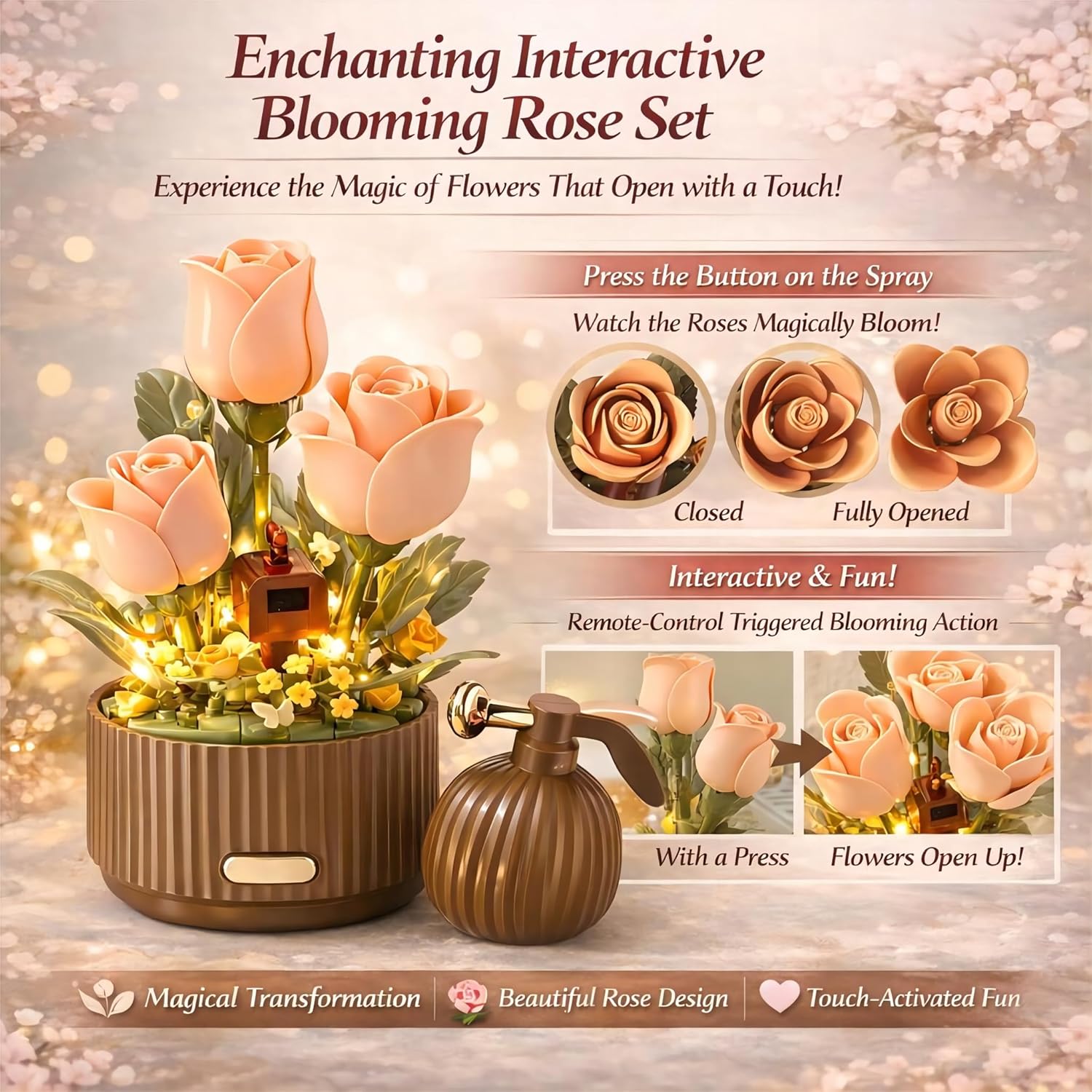 Electric Flower Bouquet Building Set 255PCS – Motorized Blooming Roses Flowers Botanical Kit, DIY Bonsai Style Bouquet of Flowers – Unique STEM Gift for Kids&Adults, Room & Desk Decor (Orange)