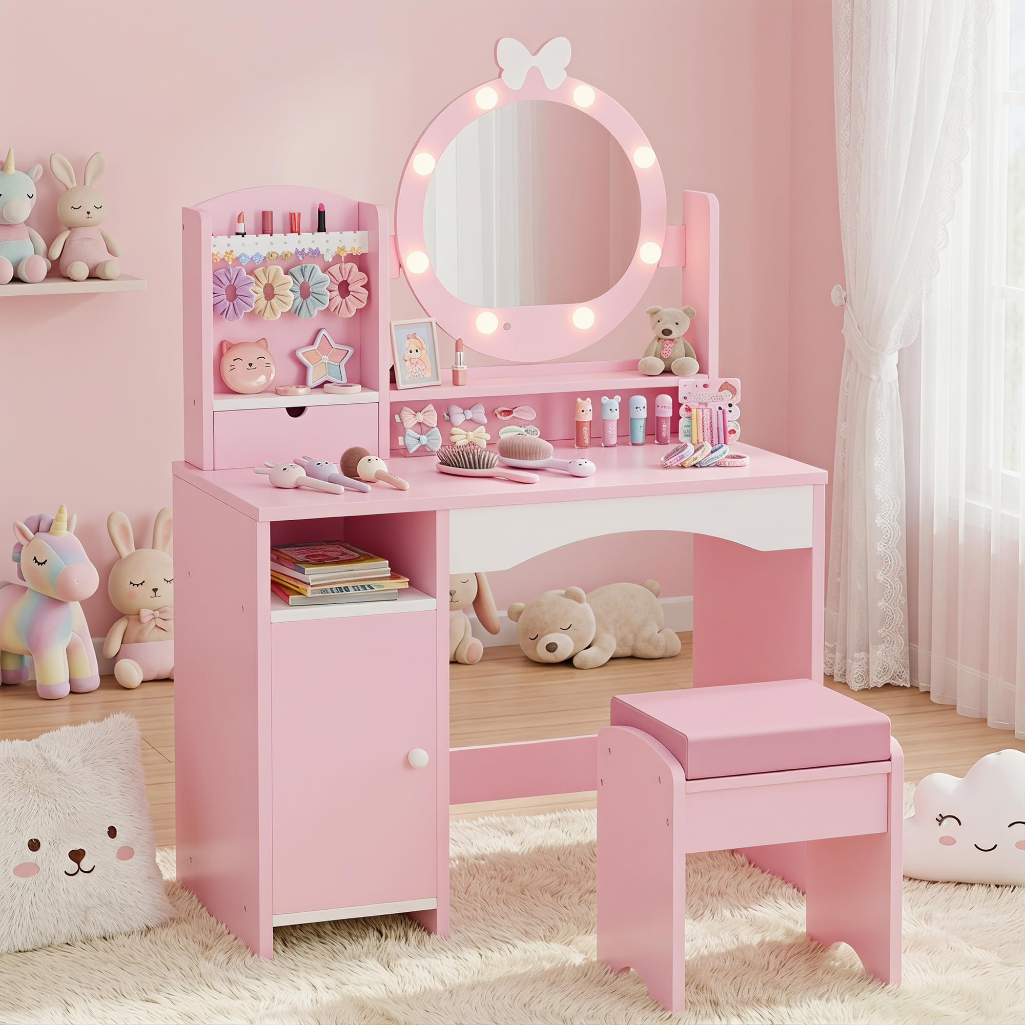 Xilingol Kids Vanity Table and Chair Set,Toddler Makeup Vanity,Pretend Play Girls Dressing Table with Mirror, Lights, Jewelry Storage, and Cushioned Stool,Pink — image 1