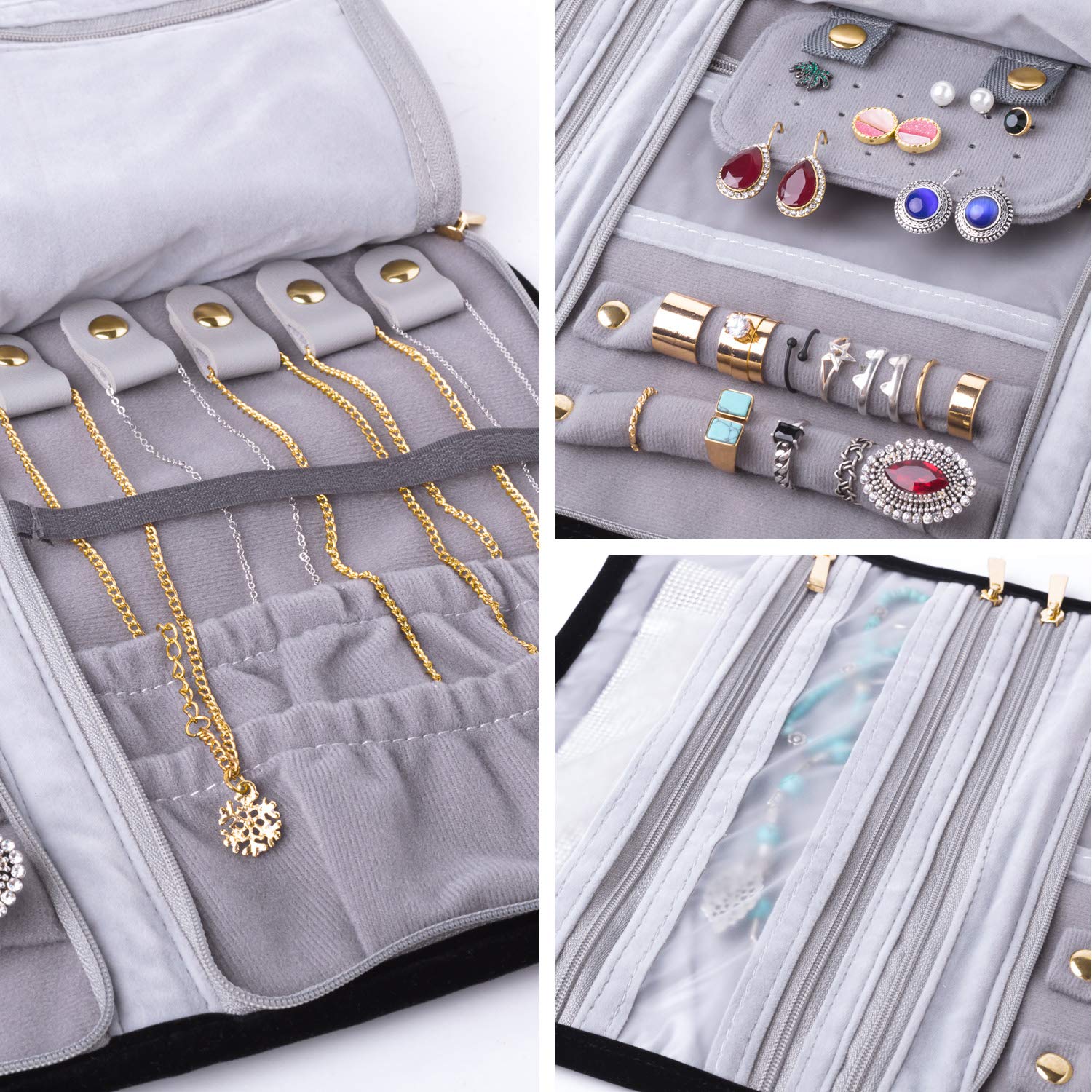 Teamoy Roll para Joyería Organizador de Joyas Estuche de Viaje para Collares, Pendientes, Pulseras, broches, 3 Carpetas, Varios departamentos
