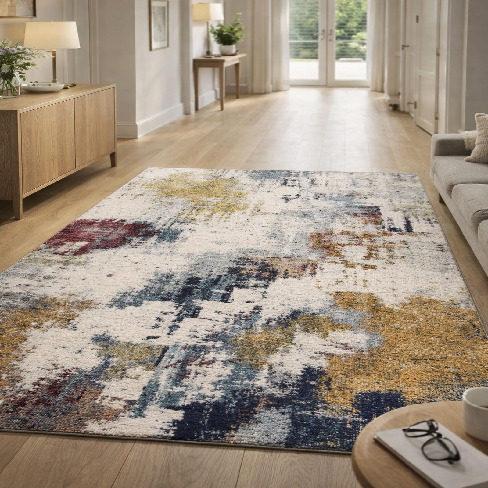 Grand tapis salon abstrait jaune et bleu lavable pour une decoration de chambre moderne