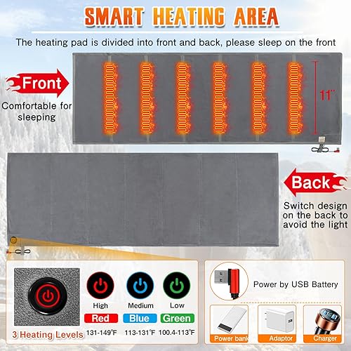 Miniatura 4 de Forro para saco de dormir con calefacción, almohadilla térmica USB para mochileros, camping, calentador eléctrico para saco de dormir (gris, 75 x 25