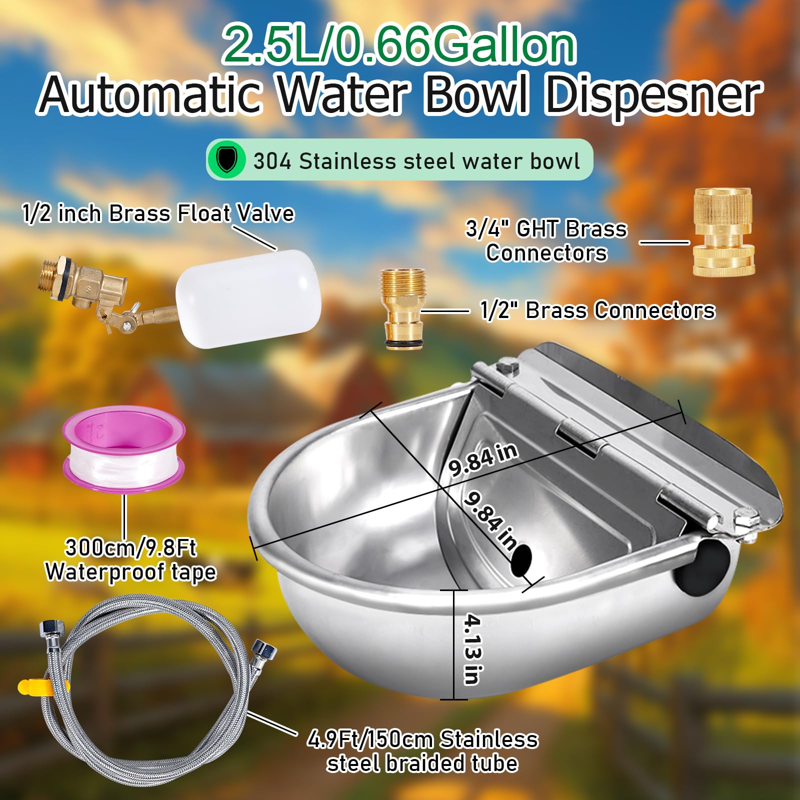 Automatischer Wasserspender für Hunde, Edelstahl-Wassernapfspender, automatischer Nachfüll-Wasserspender für Hühner, Pferde, Ziegen, Vieh, Rohr und Messingventil, 1,27 cm auf 1,9 cm