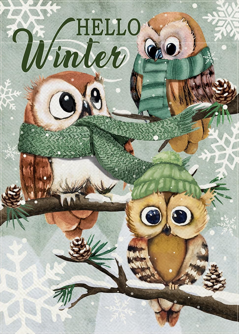 Covido Hello Winter Owls Family Green Decorative Garden Flag, Christmas Branches Snowflakes Yard Outside Decorations, Seasonal Burlap Outdoor Small Home Decor Double Sided 12 x 18