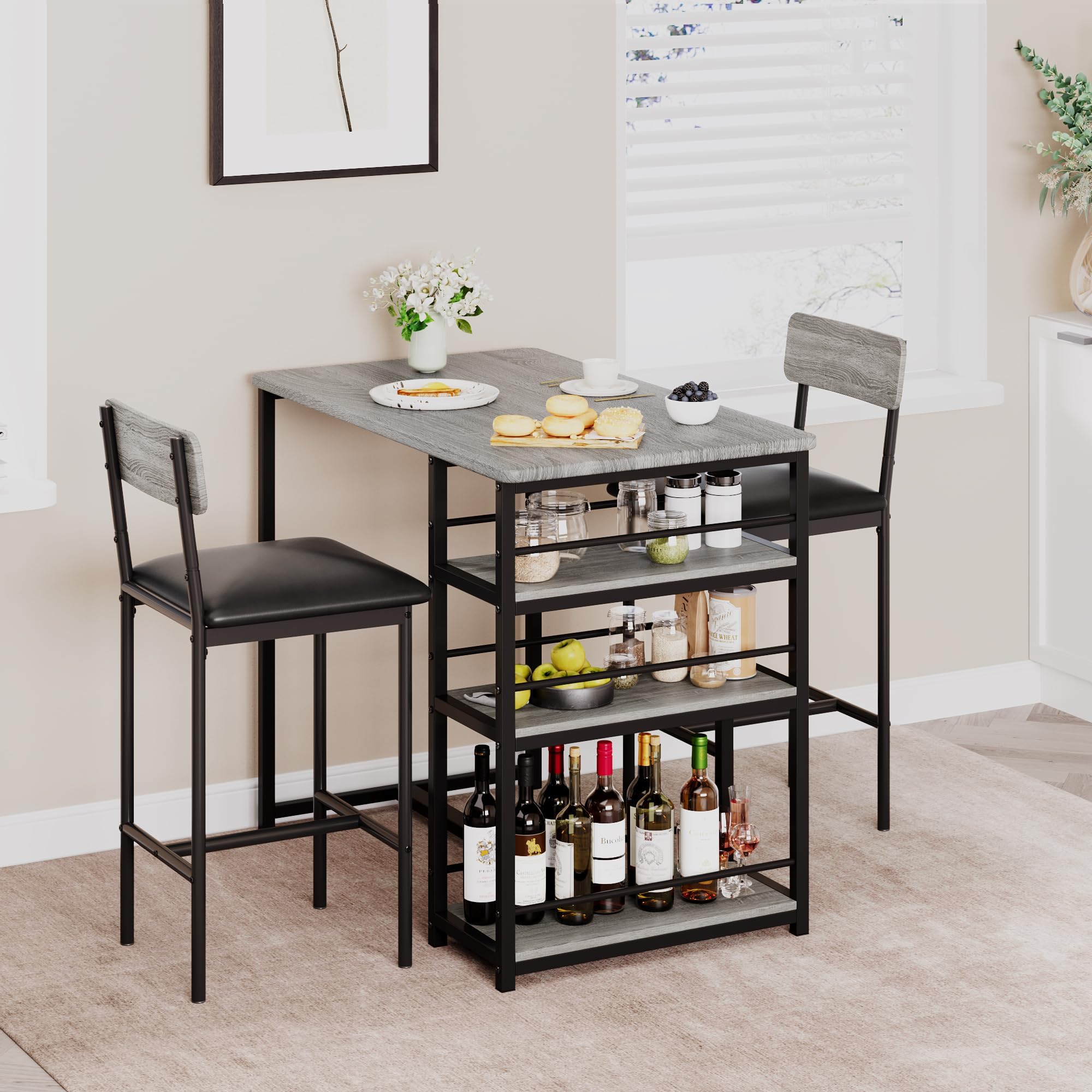 GarveeHome Set di 3 tavoli rialzati – 1 tavolo + 2 sedie imbottite, tavolo da cucina compatto con 3 ripiani, salvaspazio e stabile, metallo + MDF, ideale per cucina, bar e angolo colazione, grigio