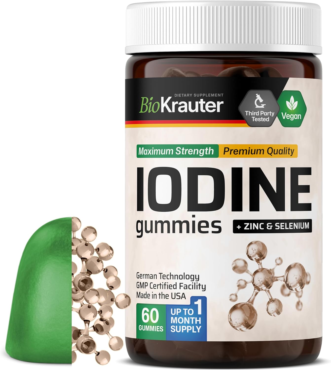 BIO KRAUTER® Iodine with Zinc and Selenium for Thyroid Support - Vegan Potassium Iodide for Antioxidant & Immune Support - Selenium Supplements for Women - 60 Gummies, Non-GMO, Apple Flavor