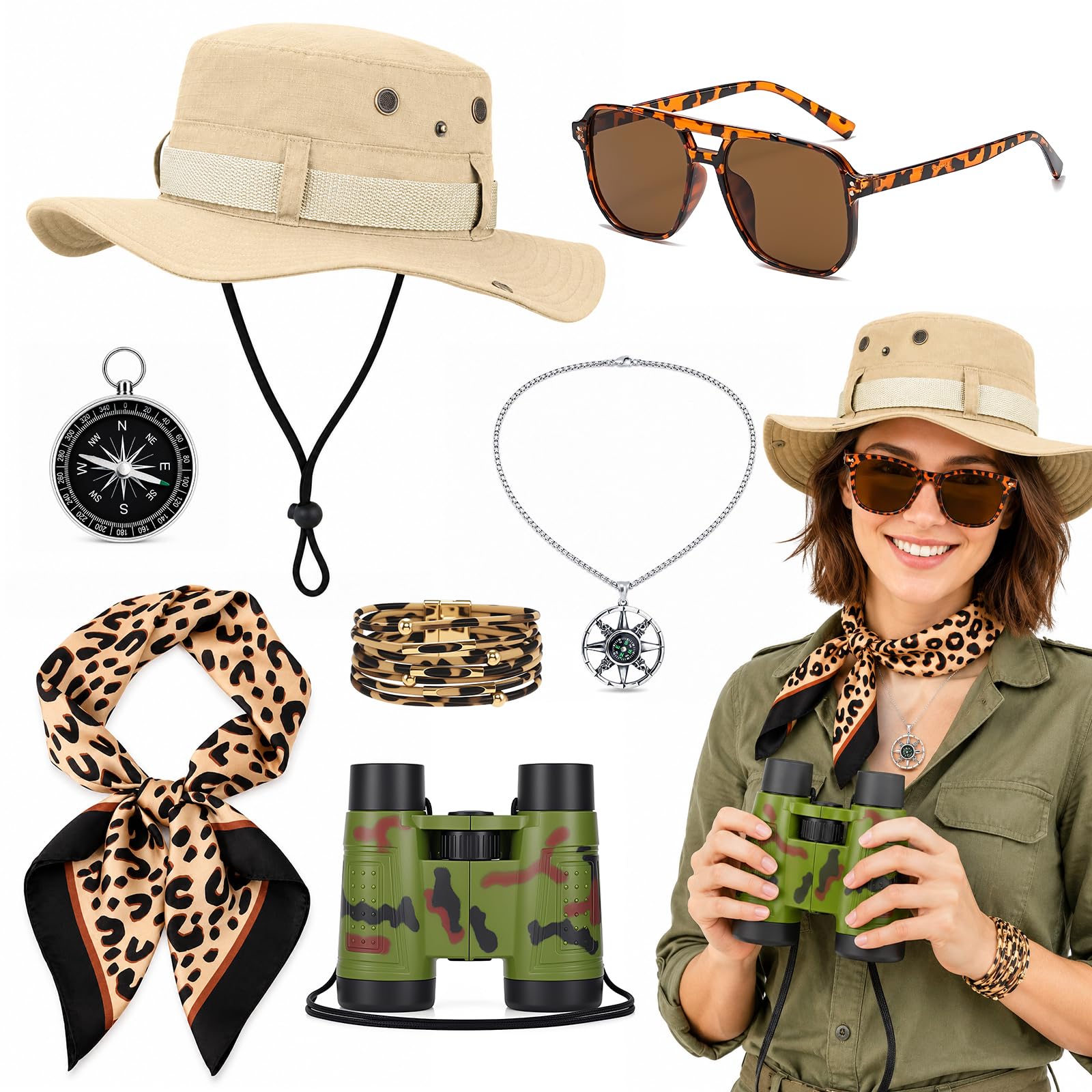 Oerphh 7PCS Safari Costume Accessories Set for Women Men, Explorer Fancy Dress Kit with Safari Hat, Leopard Scarf, Sunglasses, Binoculars for Halloween Jungle Party