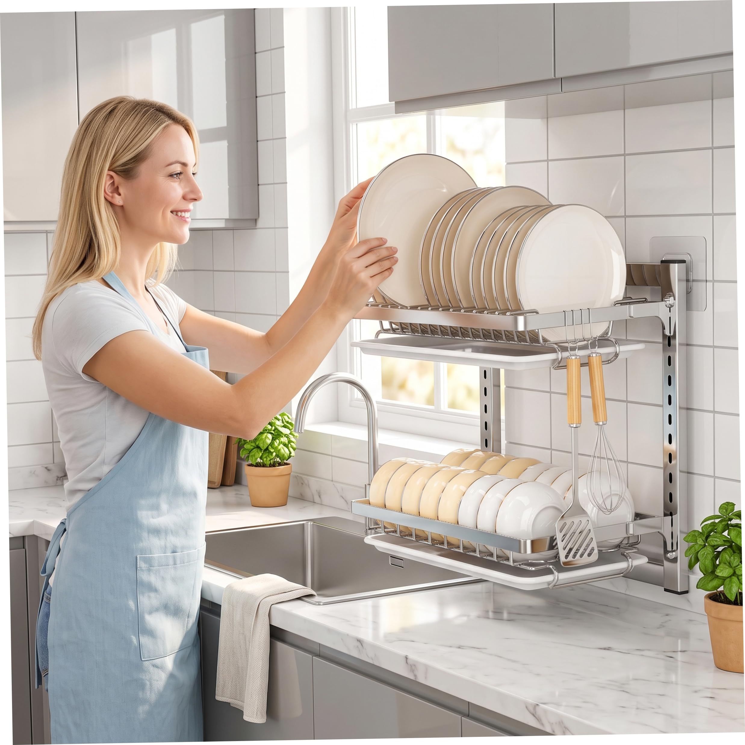 Égouttoir à Vaisselle Mural, égouttoir à Vaisselle 2 Niveaux sur évier, Rangement de vidange en Acier Inoxydable antirouille pour la Cuisine, Argent.