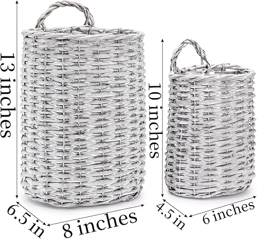 Miniatura 2 de Coloch Juego de 2 cestas de mimbre para colgar en la pared, maceta colgante de jardín de granja decorativa para puerta delantera, cesta de flores de
