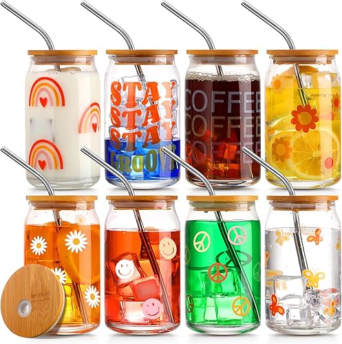 Miniatura 1 de Rtteri Juego de 8 tazas de vidrio de 16 onzas con tapas y pajitas, taza Boba reutilizable, taza de té de burbujas, taza de café helado, vaso de