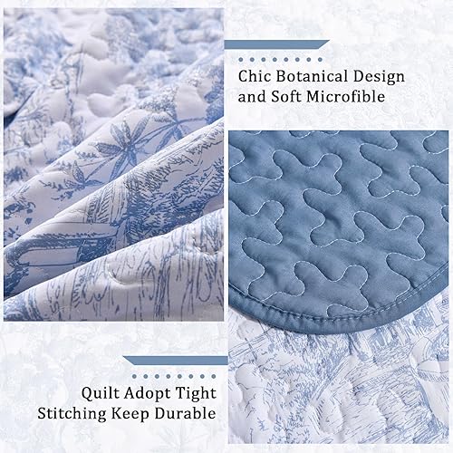 Miniatura 5 de WONGS BEDDING Juego de edredón azul tamaño King, juego de colcha botánica de 3 piezas de microfibra ligera con patrón de plantas azules, decoración