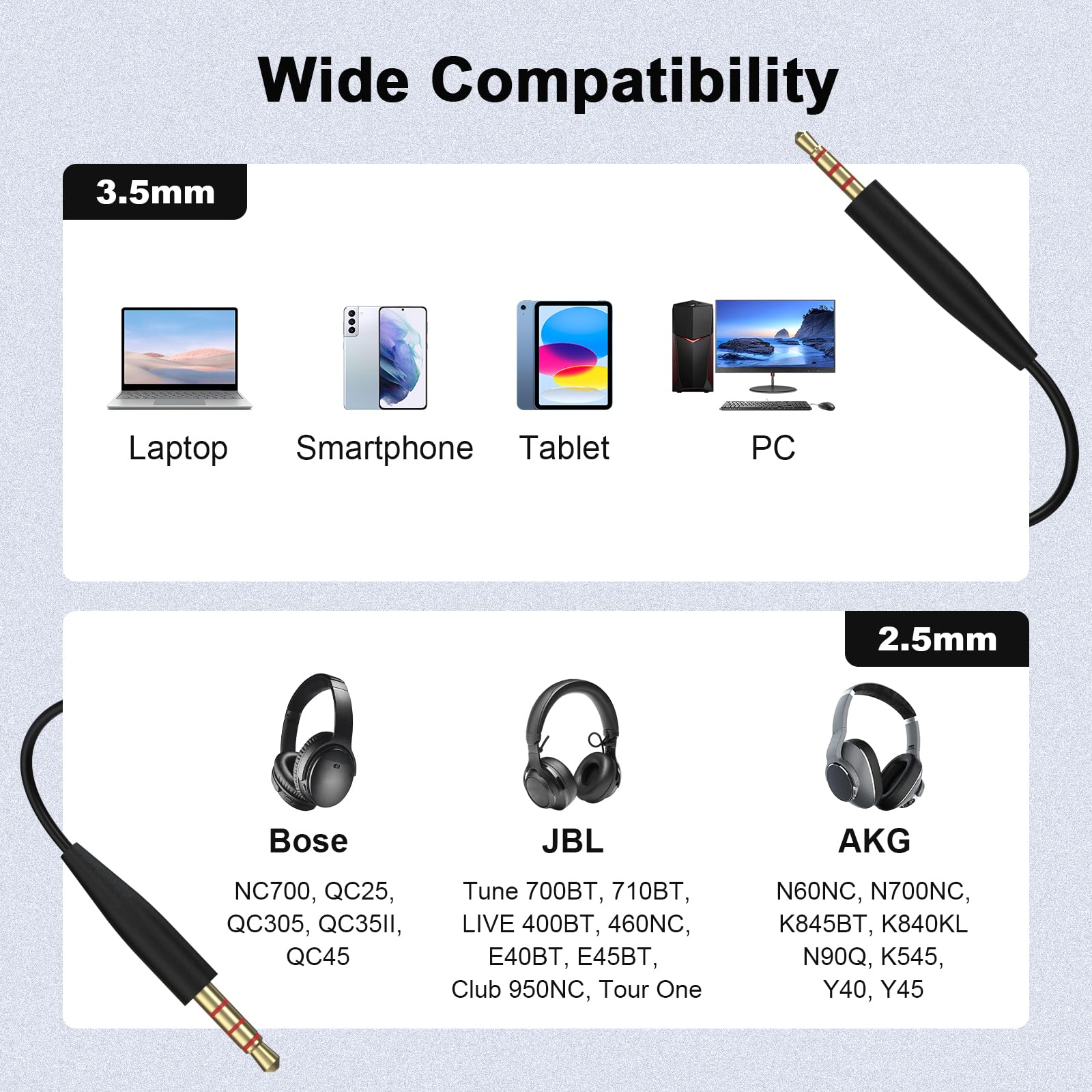 Replacement Audio Cable Cord Wire Compatible with Bose QuietComfort QC45 QC35II QC35 QC25 On-Ear2 OE2 OE2i Soundlink SoundTrue NC700 Headphones 3.5mm to 2.5mm Aux Cable(Black with Mic 5FT/1.5M)
