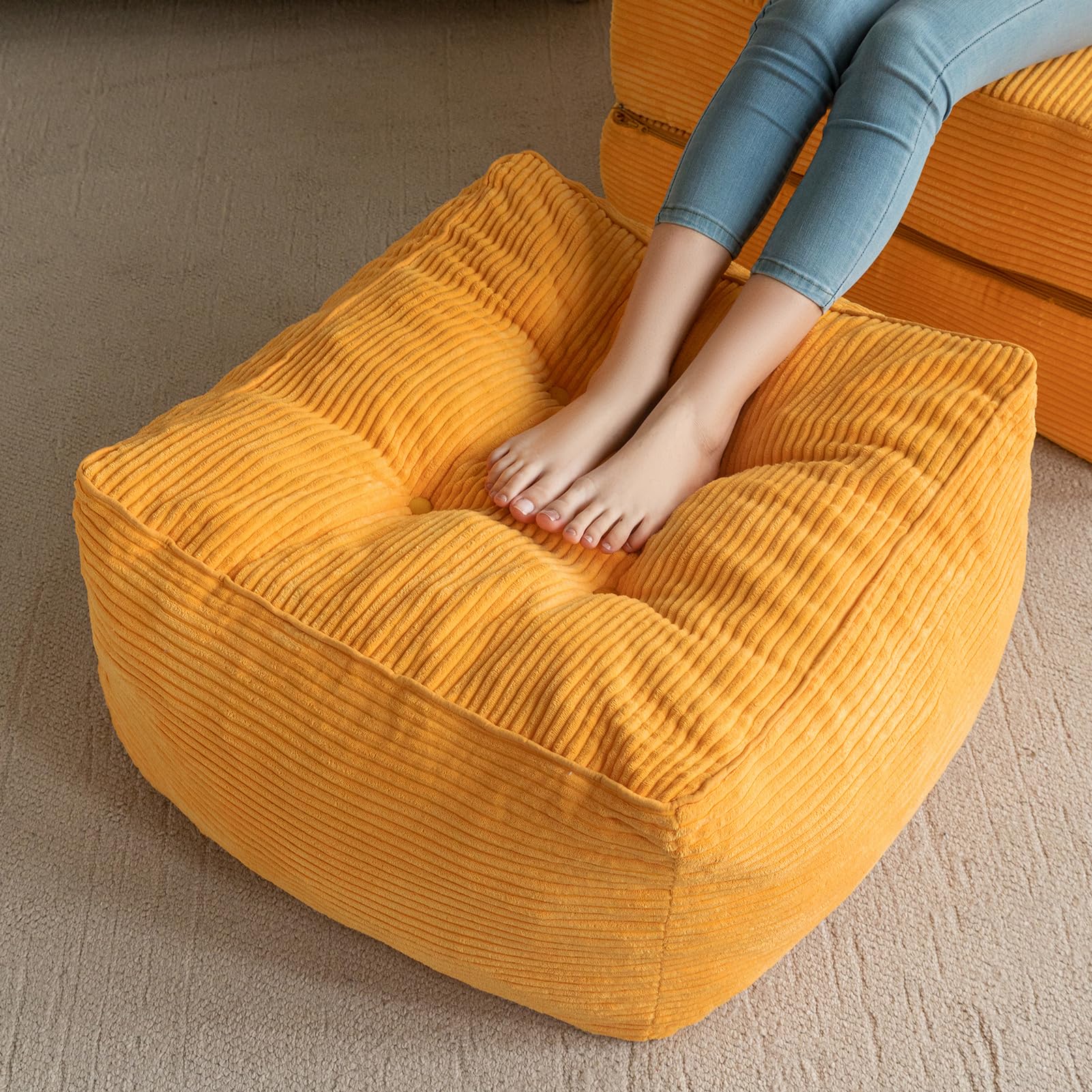 HIGOGOGO Square Stuffed Pouf Ottoman, Corduroy Poufs with Foam Chunk Filling, Furry and Fluffy Pouf Foot Stool Storage Ottoman, 25.6 X 25.6 Floor