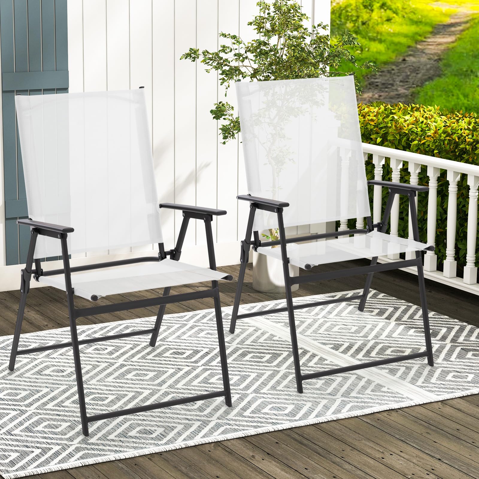 GIANTEX Lot de 4 chaises de Jardin Pliantes à Dossier Haut, pour Balcon, terrasse, avec Dossier et accoudoirs Hauts, en métal et Textile, Charge maximale : 150 kg, Blanches