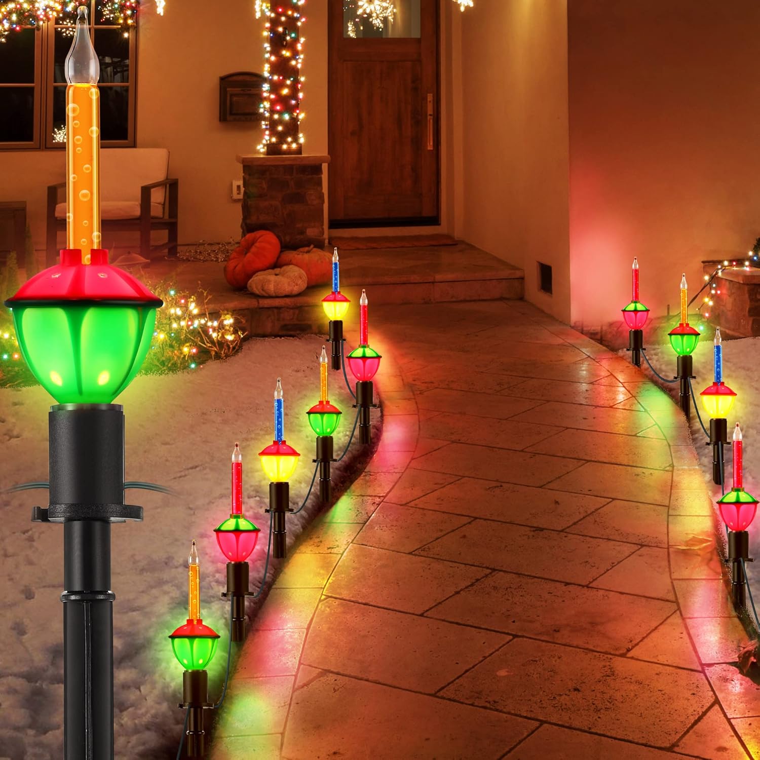 Sumind 2 Set 18 Feet Christmas Pathway Lights, 10 Bubble Light Bulbs Plug in Walkway Lights, Connectable Waterproof Path Light for Outdoor Yard Holiday Sidewalk Driveway Xmas Decoration